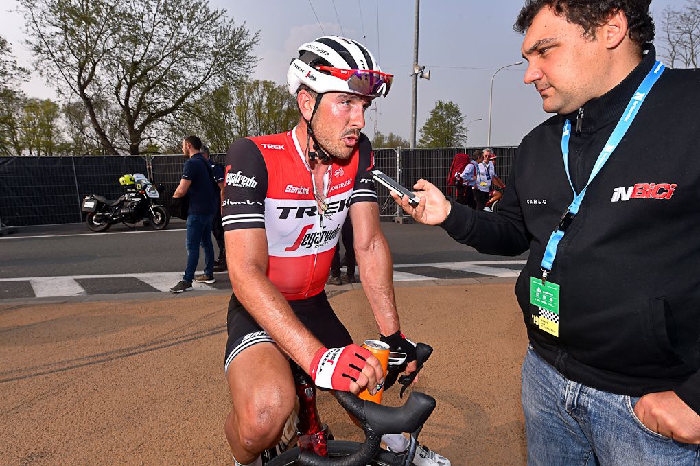 John Degenkolb (Trek-Segafredo) talks with a reporter after Tour of Flanders