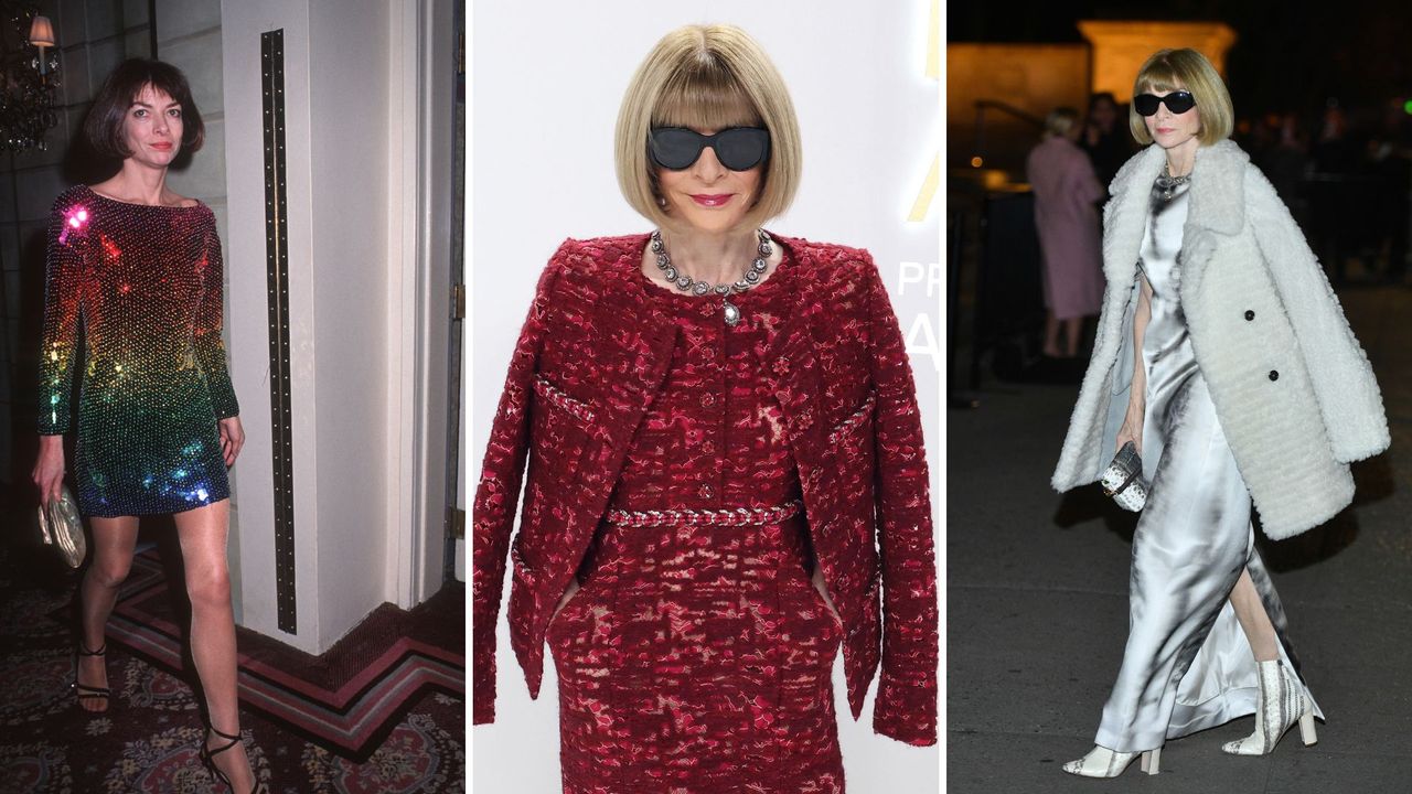 Three photos of Anna Wintour wearing some of her best looks