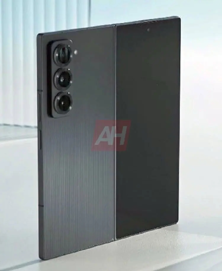 A foldable device standing on end unfolded, with three rear cameras visible. This is a leaked image that may show the Samsung Galaxy Z Fold Special Edition