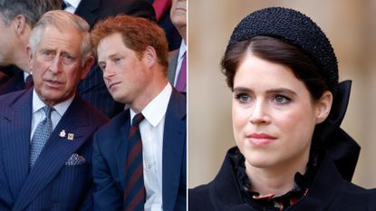 Princess Eugenie wearing a black hat, King Charles and Prince Harry wearing suits