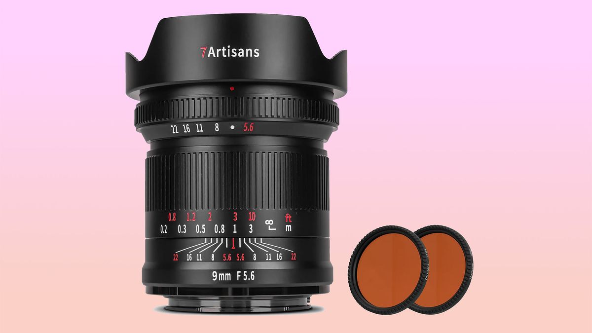 7Artisans FF 9mm f/5.6 ASPH and two rear ND filters on a pink gradient background 