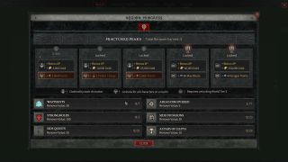 Diablo 4 - Renown screen for Fractured Peaks showing three tiers of rewards unlocked