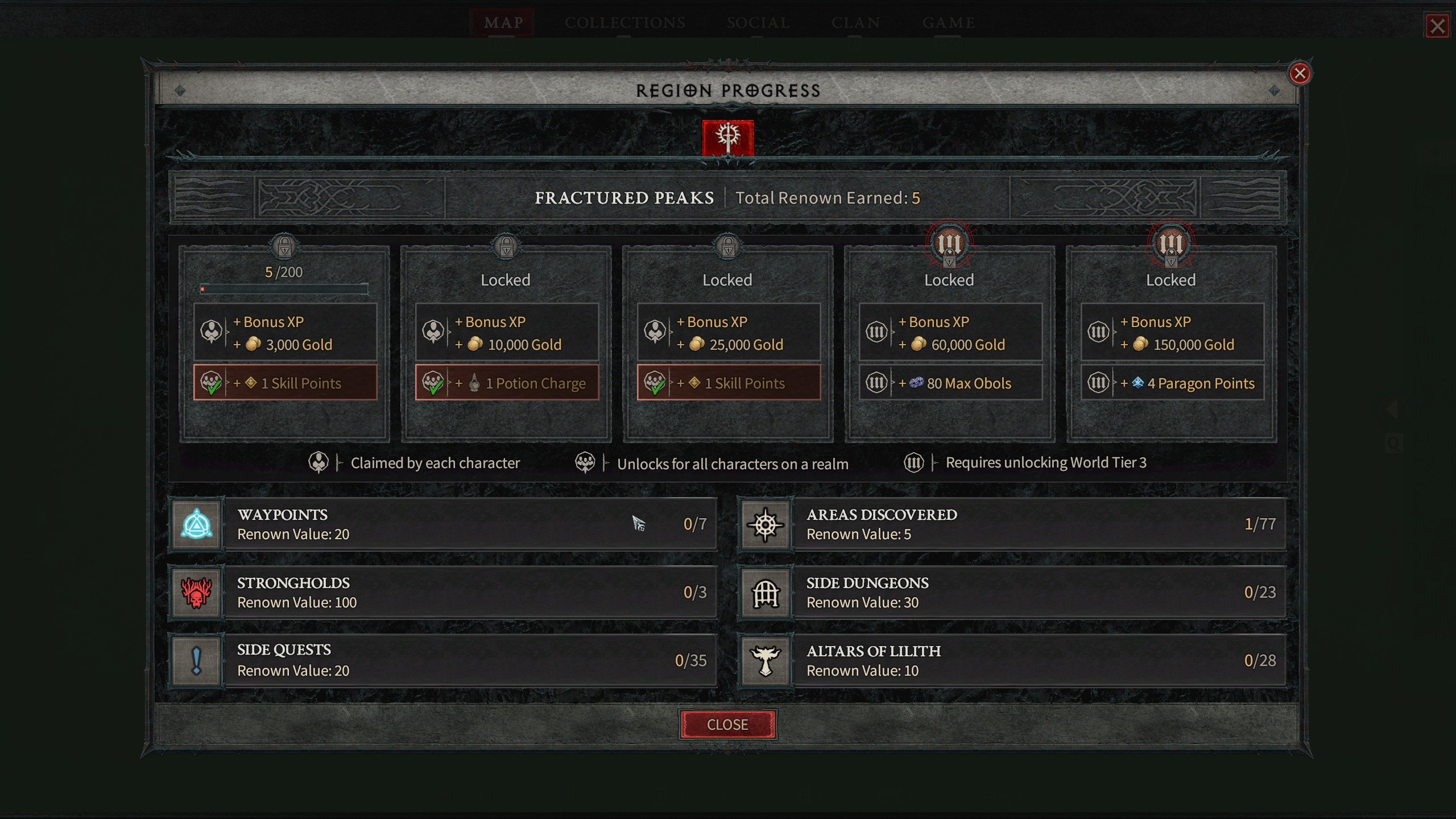 Diablo 4 - Fractured Peaks prestige screen showing 3 tiers of rewards unlocked