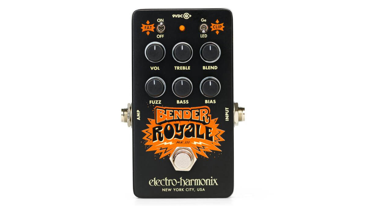 Electro-Harmonix Bender Royale: the new Tone Bender-inspired fuzz arrives in a black enclosure with orange graphic and has six knobs for precise control over your tone.