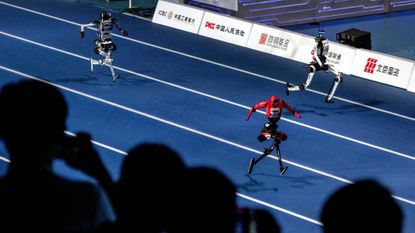 Lightning streaks down the track during its record-breaking 100-meter run during the opening ceremony of 2nd World Humanoid Robot Games in Beijing