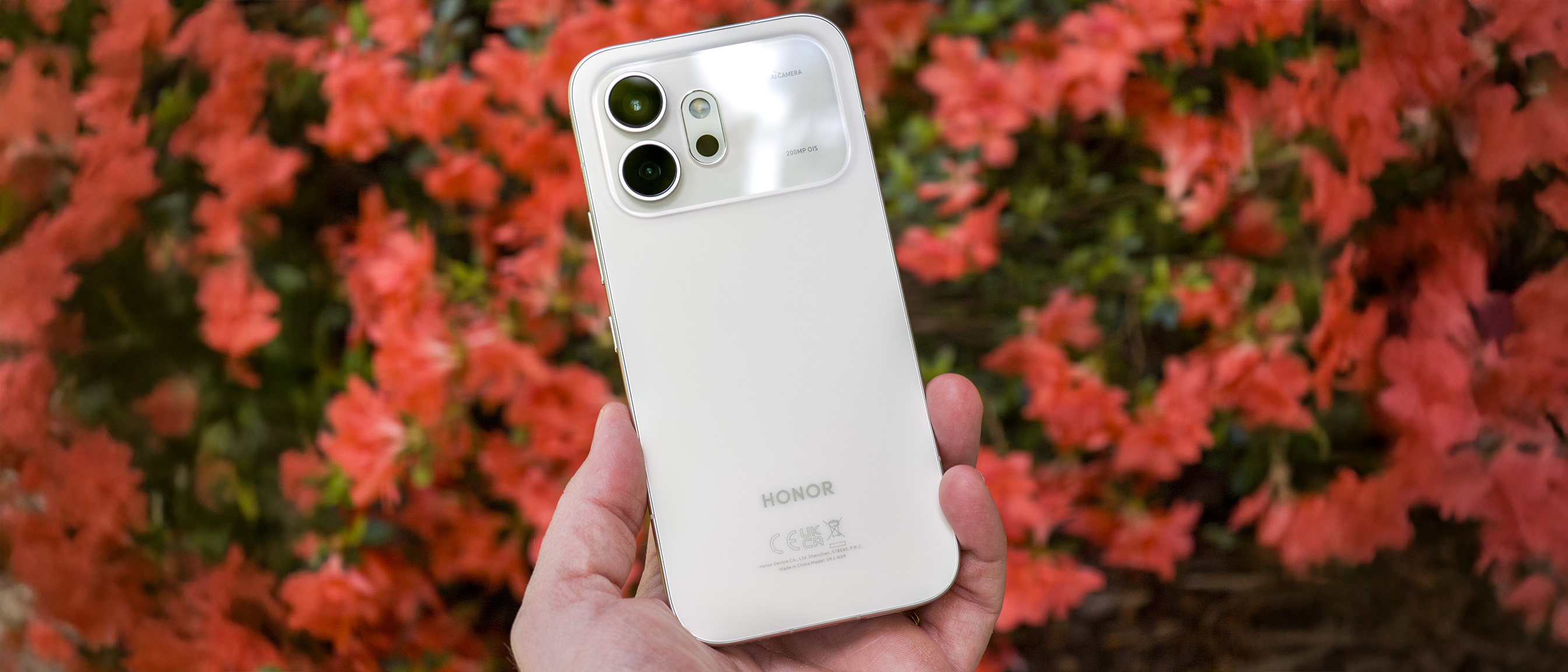 The back of a white Honor 600 with coral flowers in the background