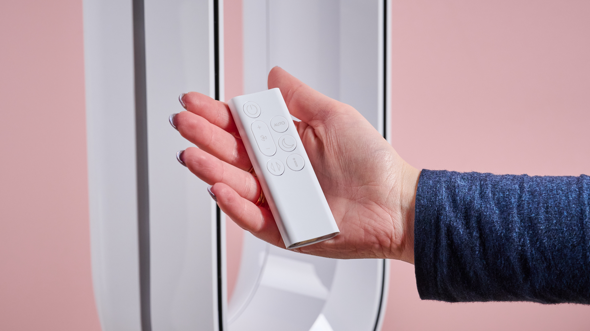 A woman has the remote control for the TP10 purifying fan in her hand.