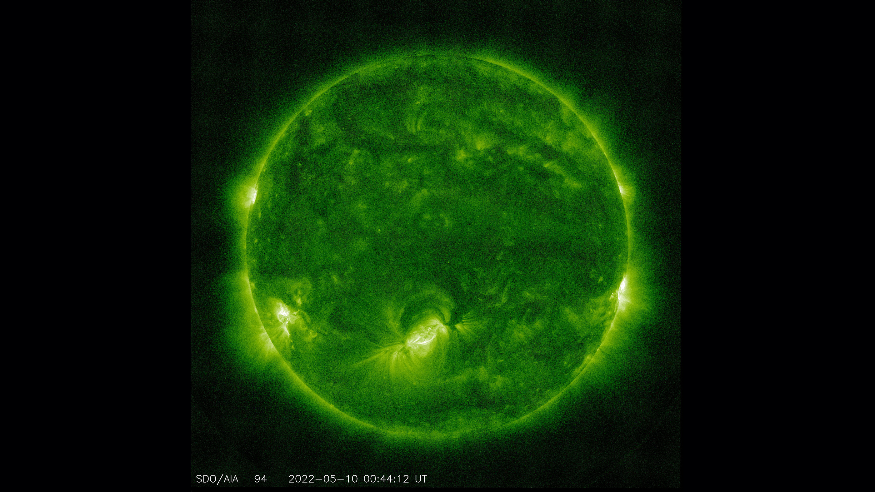 When the Solar Dynamics Observatory took this photo of the Sun at a wavelength of 94 angstroms just before 9 a.m. Tuesday in New York, sunspot region AR3006 (bottom center) was emitting a powerful X1.5 solar flare