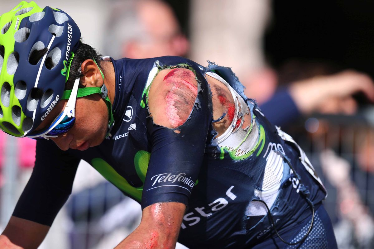 Dayer Quintana (Movistar) got scraped up in a crash