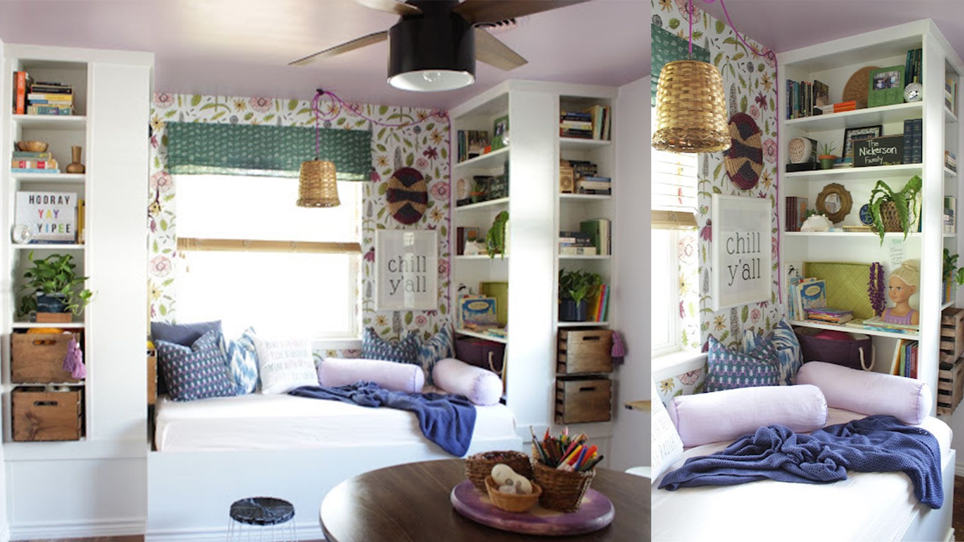 Kid's daybed with built-in storage shelves at each end to show an IKEA billy bookcase hack idea