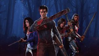Evil Dead: The Game characters - Ash and friends brandish weapons in the woods