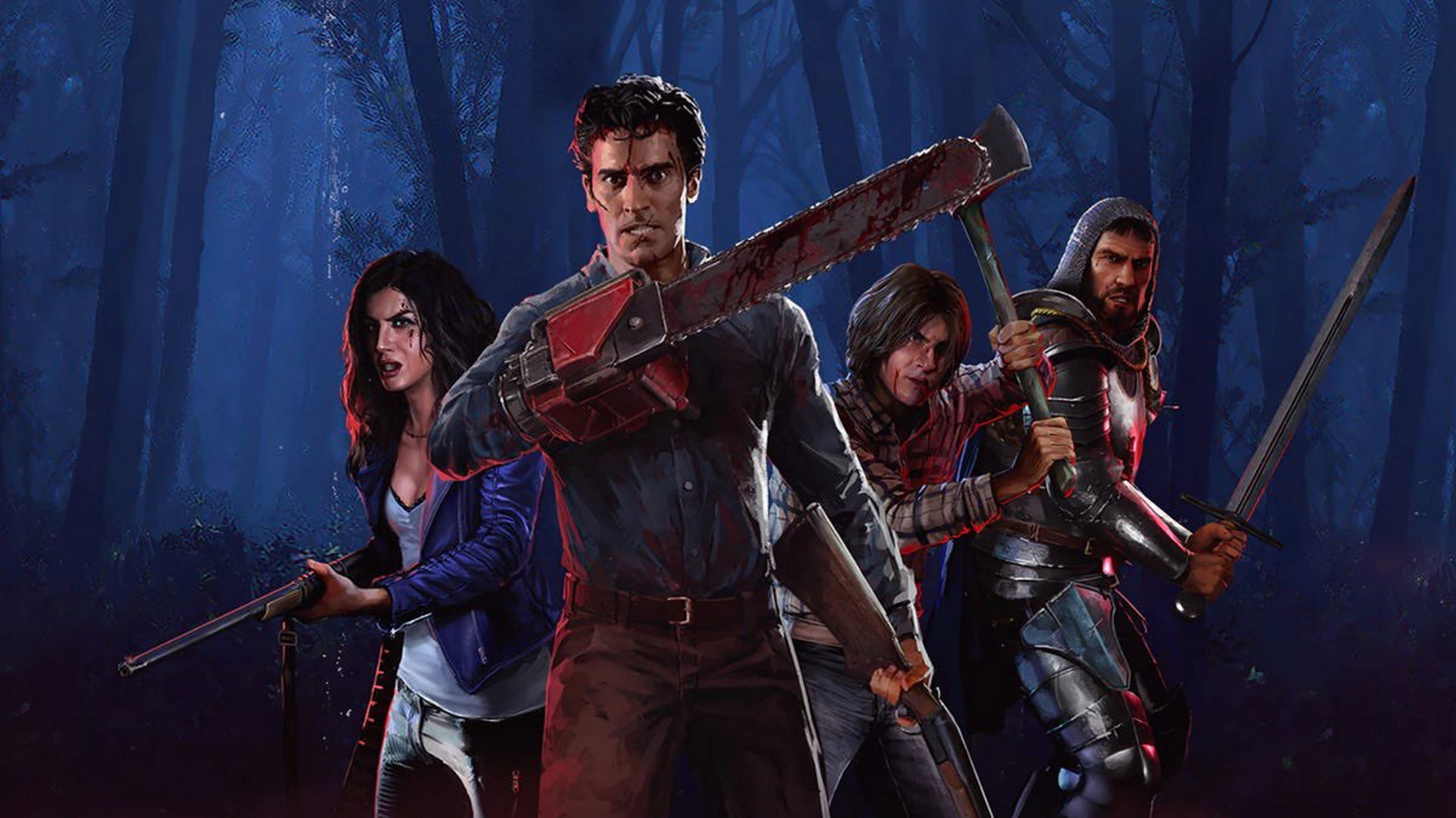 Evil Dead: The Game multiplayer - Ash and other characters pose in creepy woods