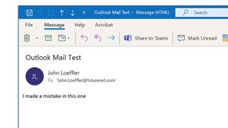 A screenshot of Outlook showing a mistakenly sent email