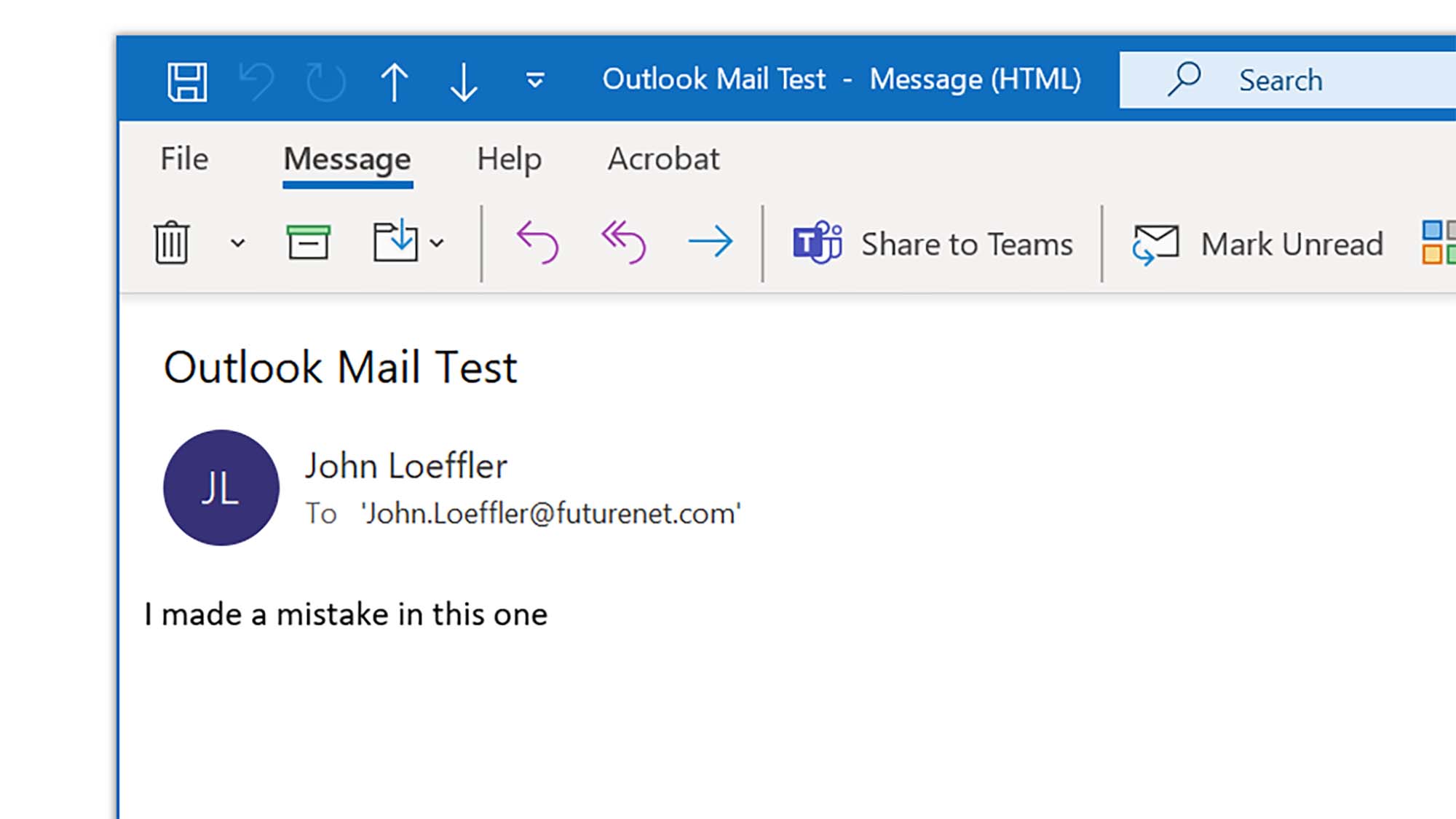 Tangkapan layar Outlook menunjukkan email yang salah kirim
