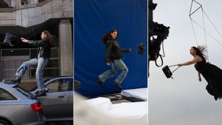 Lola Tung behind the scenes of her Coach campaign carrying leather bags and being hoisted in the air