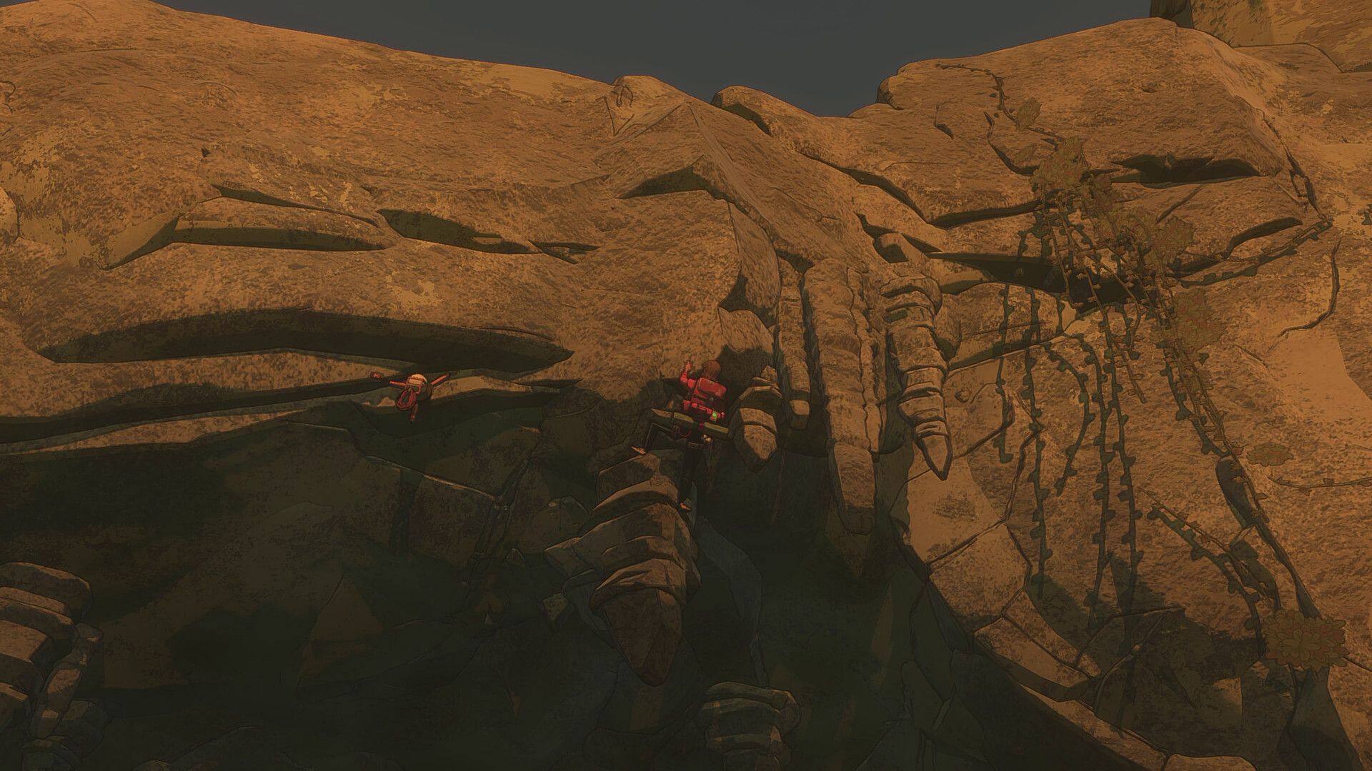 Marco climbing a rockface as the sun sets over the mountain in the game Cairn.