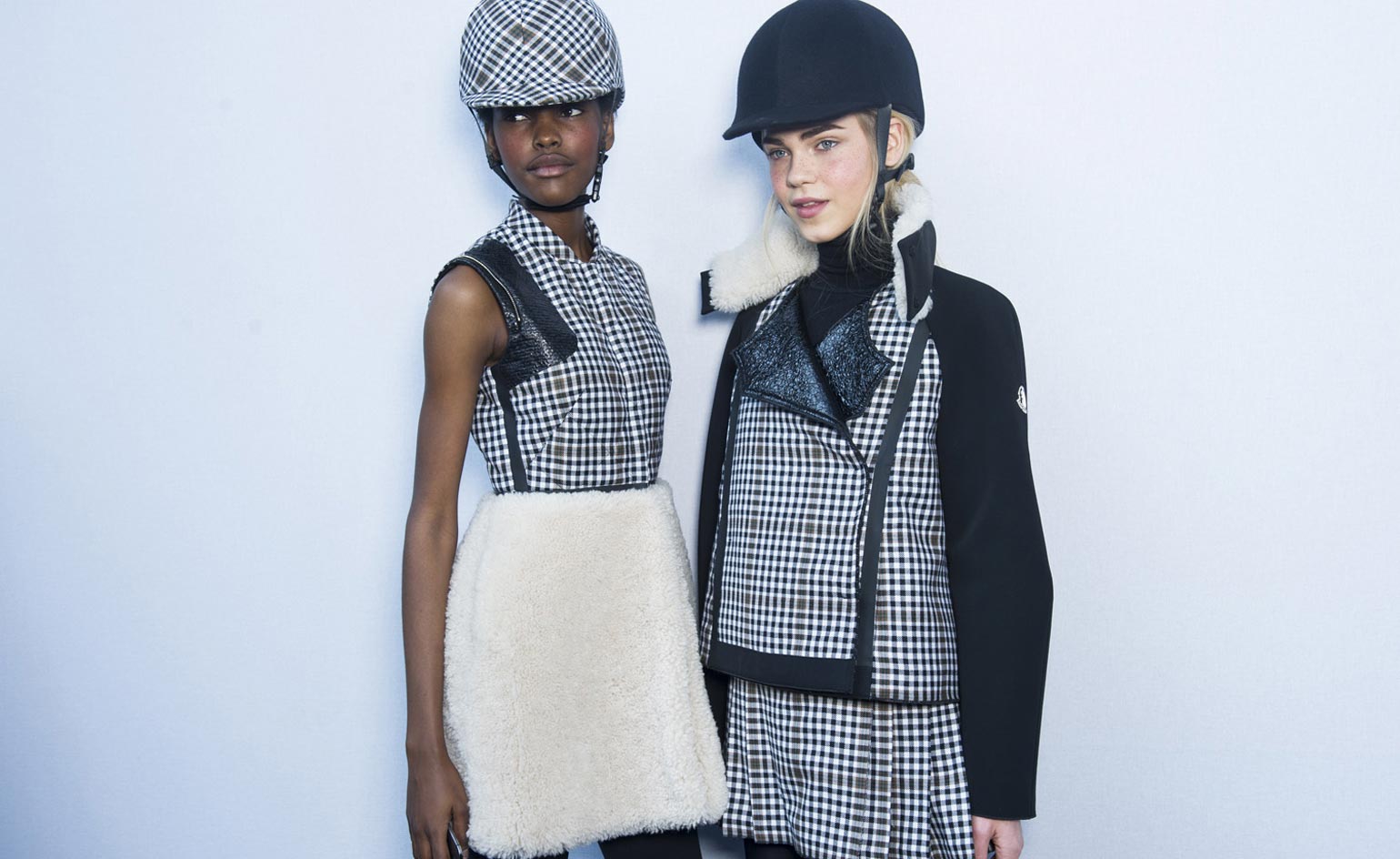 Female models backstage for Moncler Gamme Rouge A/W 2015 modelling the posh equestrian themed collection
