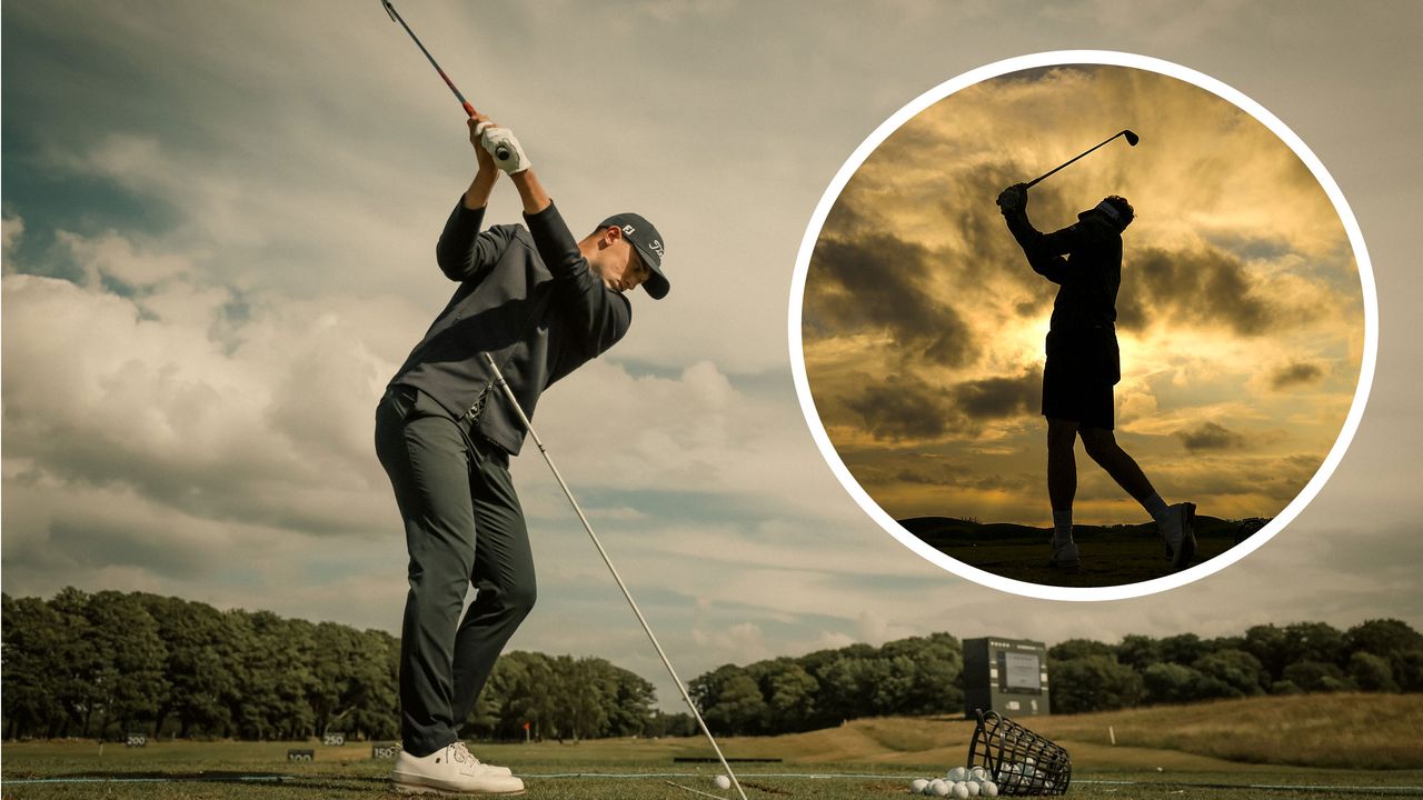 Todd Clements hitting balls on the driving range with darkening skies and clouds overhead