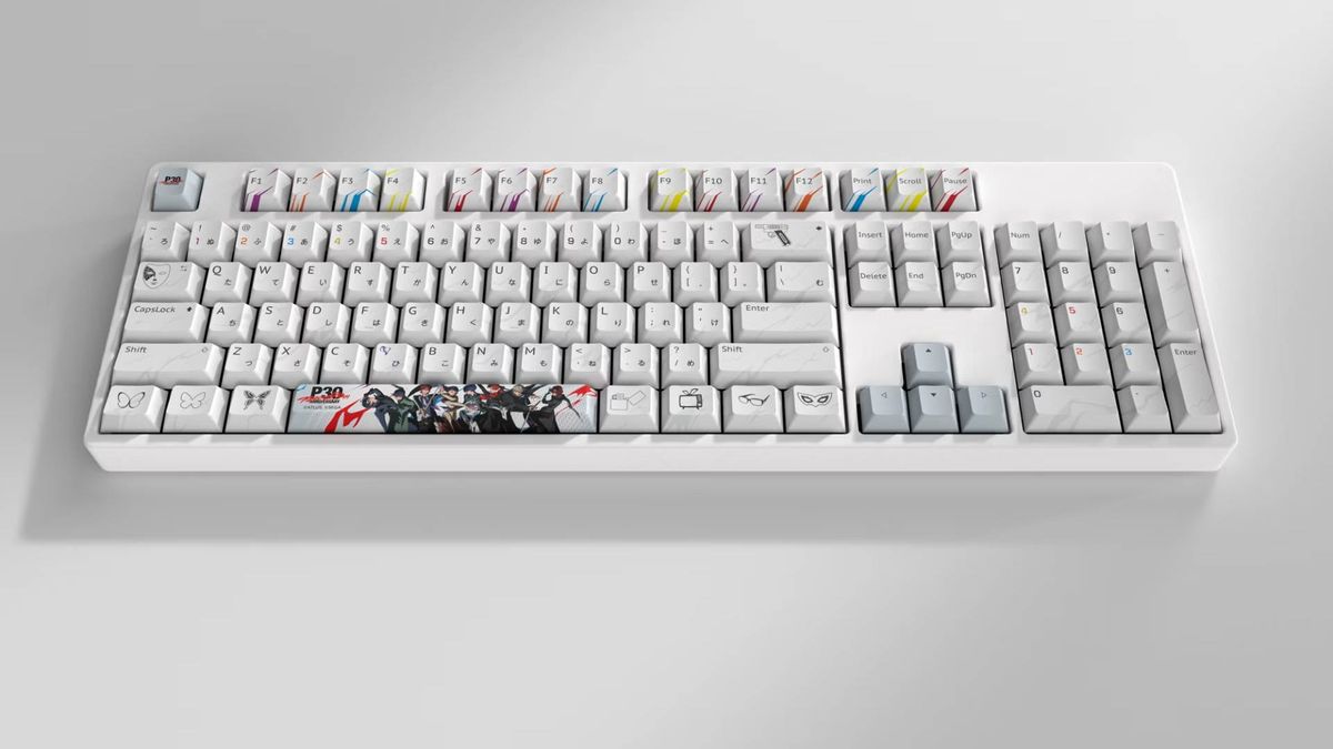 Image of the Persona 30th Anniversary HYTE keycaps set attached to a keyboard.