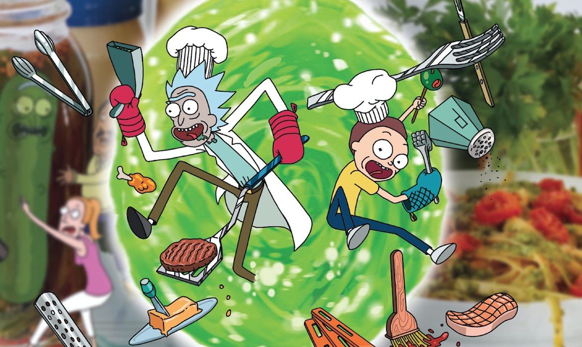 Art from Rick and Morty: The Official Cookbook depicting the title characters in chef&#039;s hats wielding cooking utensils.