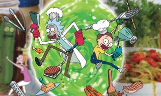 Art from Rick and Morty: The Official Cookbook depicting the title characters in chef's hats wielding cooking utensils.