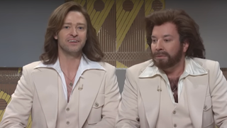 Jimmy Fallon and Justin Timberlake hosting The Barry Gibb Talk Show on SNL.