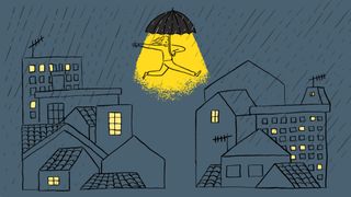 A cartoon of a woman with long straight hair holding an umbrella jumping over buildings. 
