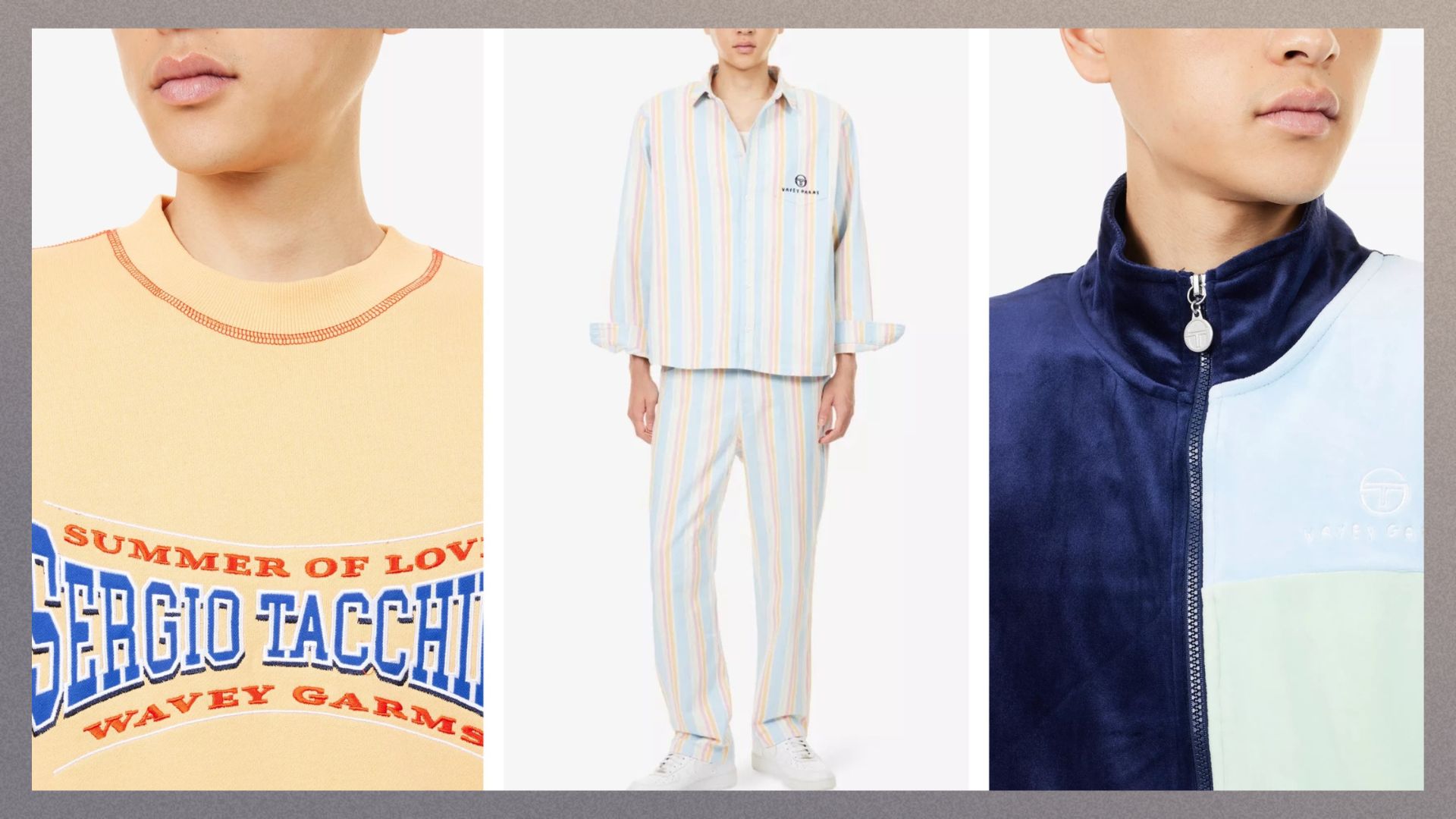 Three items from the Sergio Sergio Tacchini and Wavey Garms collab 
