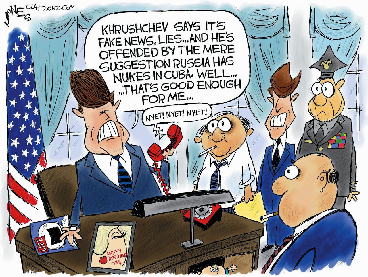 Political cartoon U.S. JFK files Russia nukes Cuba fake news