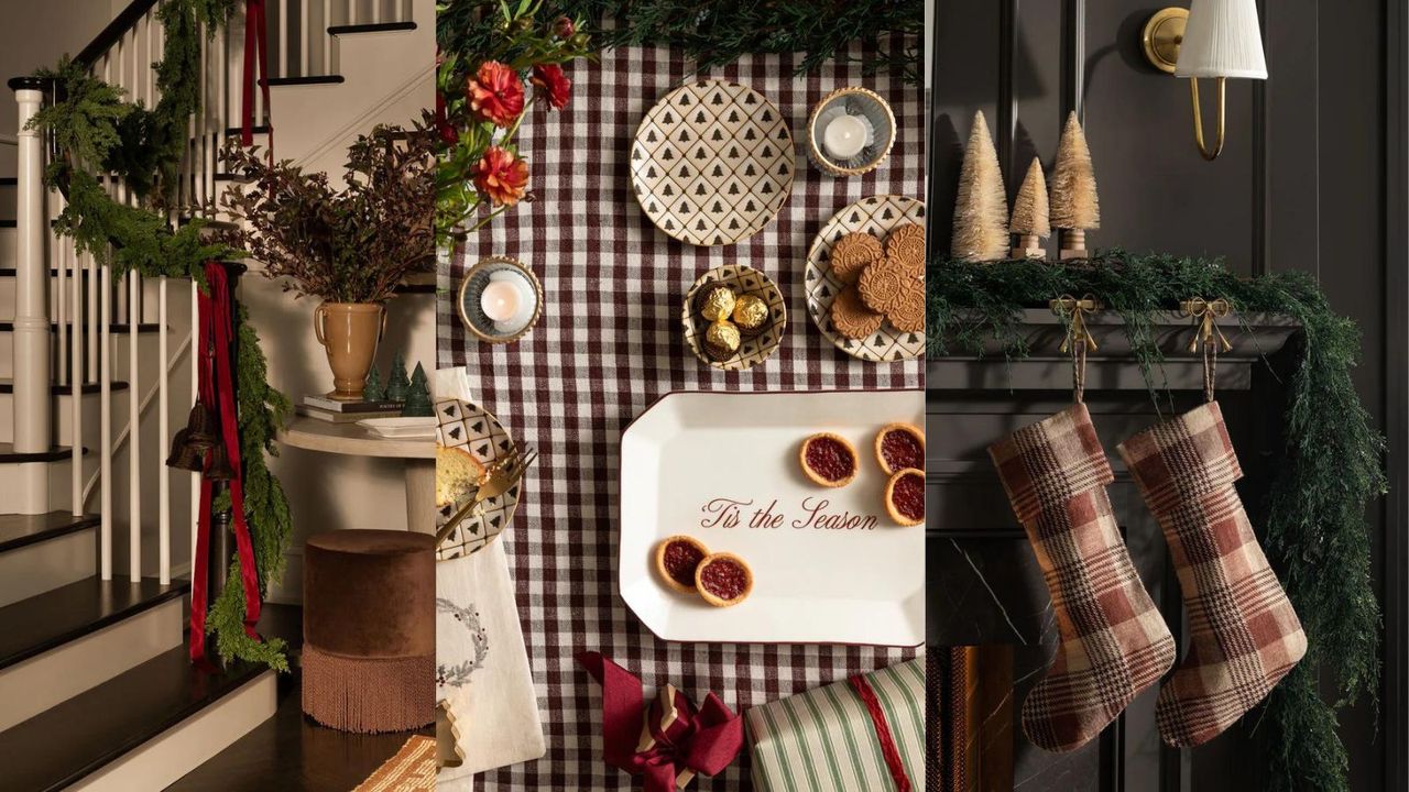 A triptych: a garland running down a banister; festive tableware on a red-and-white checked tablecloth; and stockings hanging from the mantelpiece. 