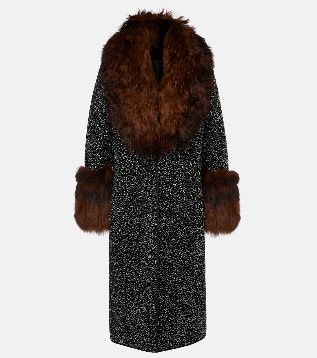Embellished Shearling-Trimmed Coat in Black - Jacques Wei