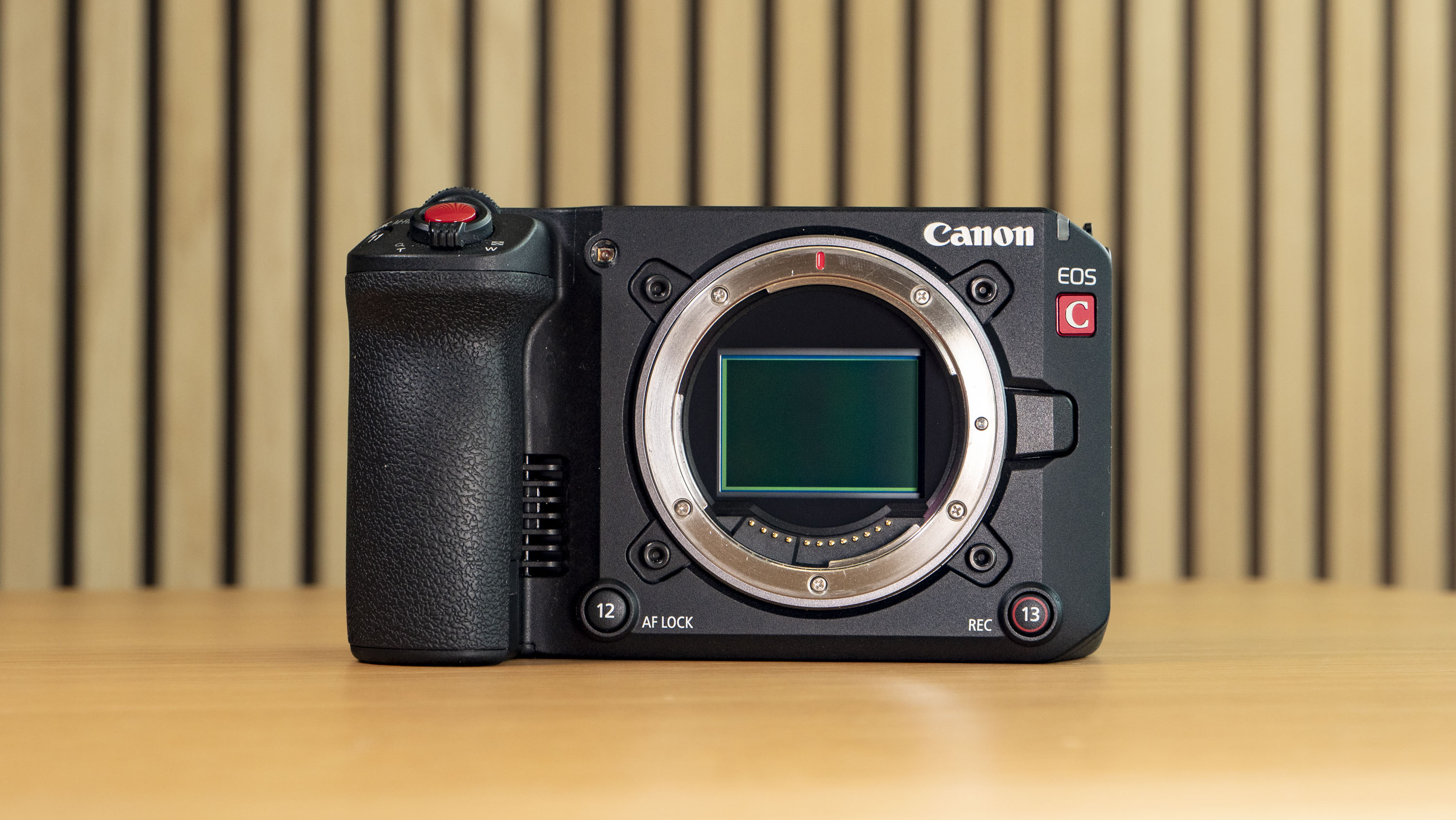 Canon EOS C50 on a wooden surface, no lens attached