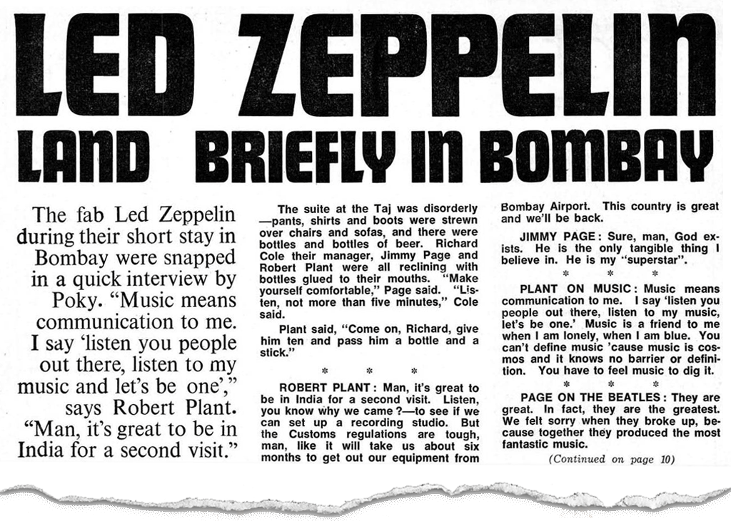 A newspaper clipping geralding Led Zepoelin's arrival in India