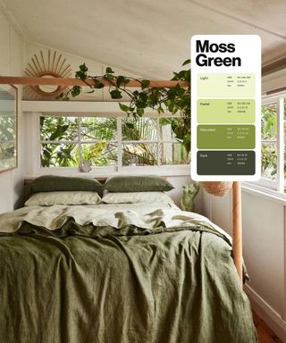 An airy, green-themed bedroom with sage, moss, and olive green bedding, houseplants, and rattan details, alongside Pinterest's moss green color swatch