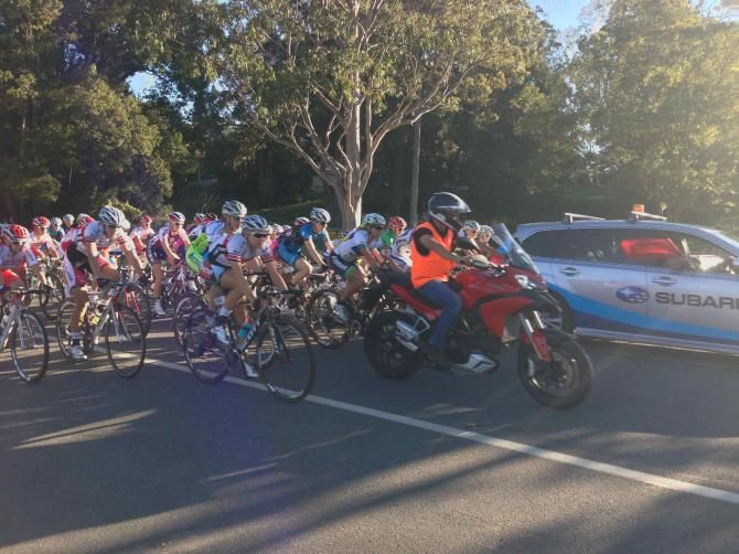 The women stay close behind the car in the opening neutral laps