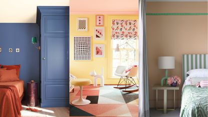 Three pictures: one of a blue bedroom, one of a yellow bedroom, and one of a green and pink bedroom