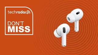 Apple AirPods Pro 2 earbuds on an orange banner with TechRadar Don't Miss