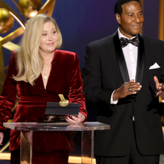 Christina Applegate (L) speaks speaks onstage during the 75th Primetime Emmy Awards at Peacock Theater on January 15, 2024 in Los Angeles, California.