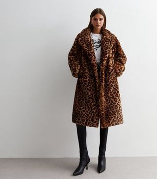 Gini London Rust Faux Fur Leopard Print Coat