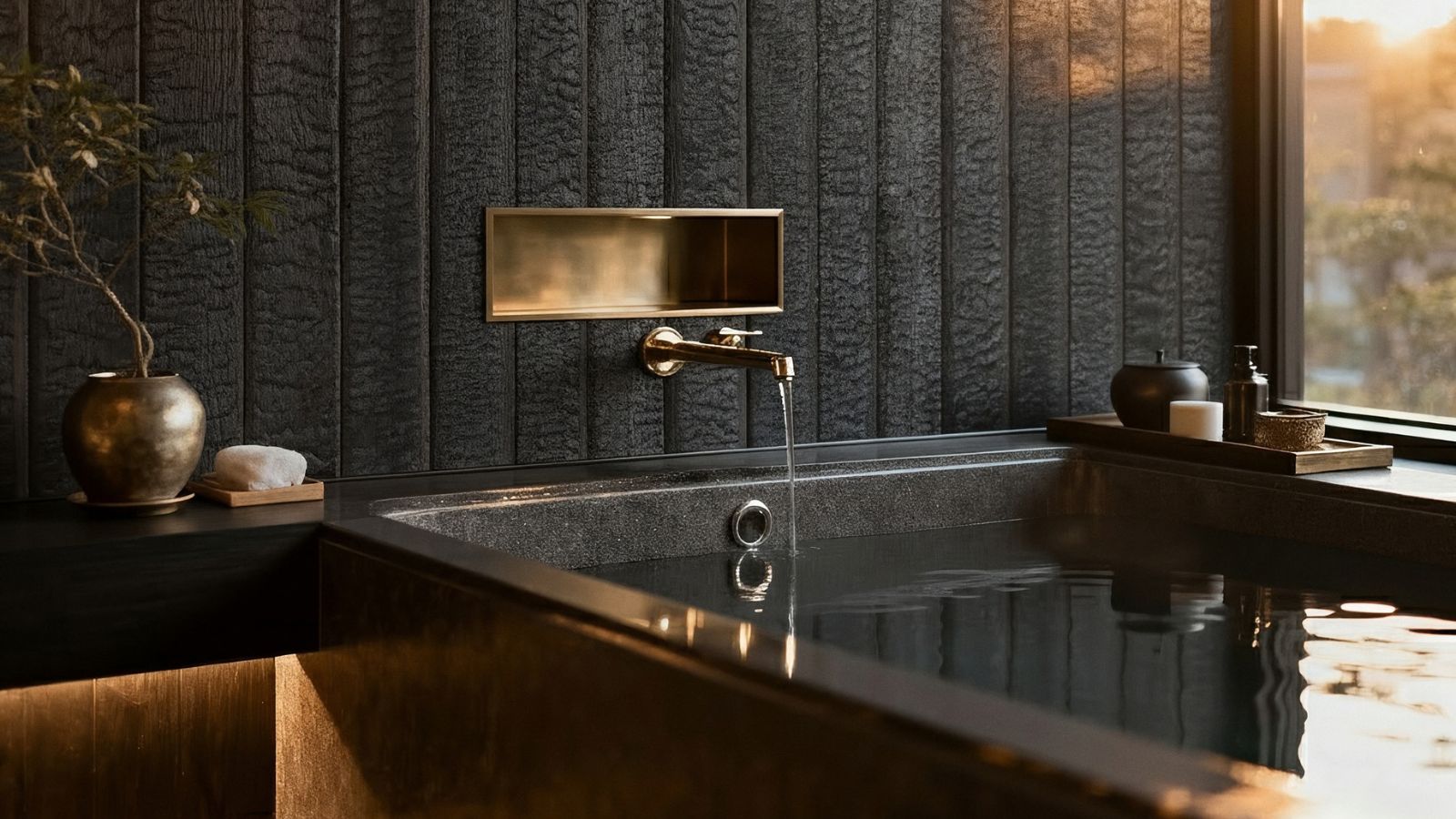 A moody, Japanese-inspired bathroom bathed in golden sunset light, featuring a deeply textured charred wood feature wall with a brass wall-mounted tap and recessed niche. A sunken black granite bath with under-ledge lighting sits beside a full-height window overlooking trees, with a bonsai and bronze vessel as decoration.