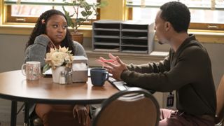 Quinta Brunson and Tyler James Williams as Janine and Gregory talking in Abbott Elementary season 4