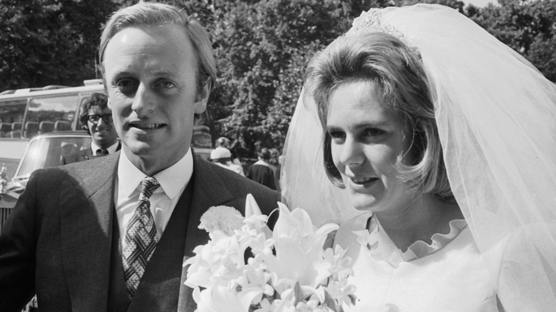 Andrew Parker Bowles and Queen Camilla on their wedding day at the Guards Chapel, Wellington Barracks in 1973