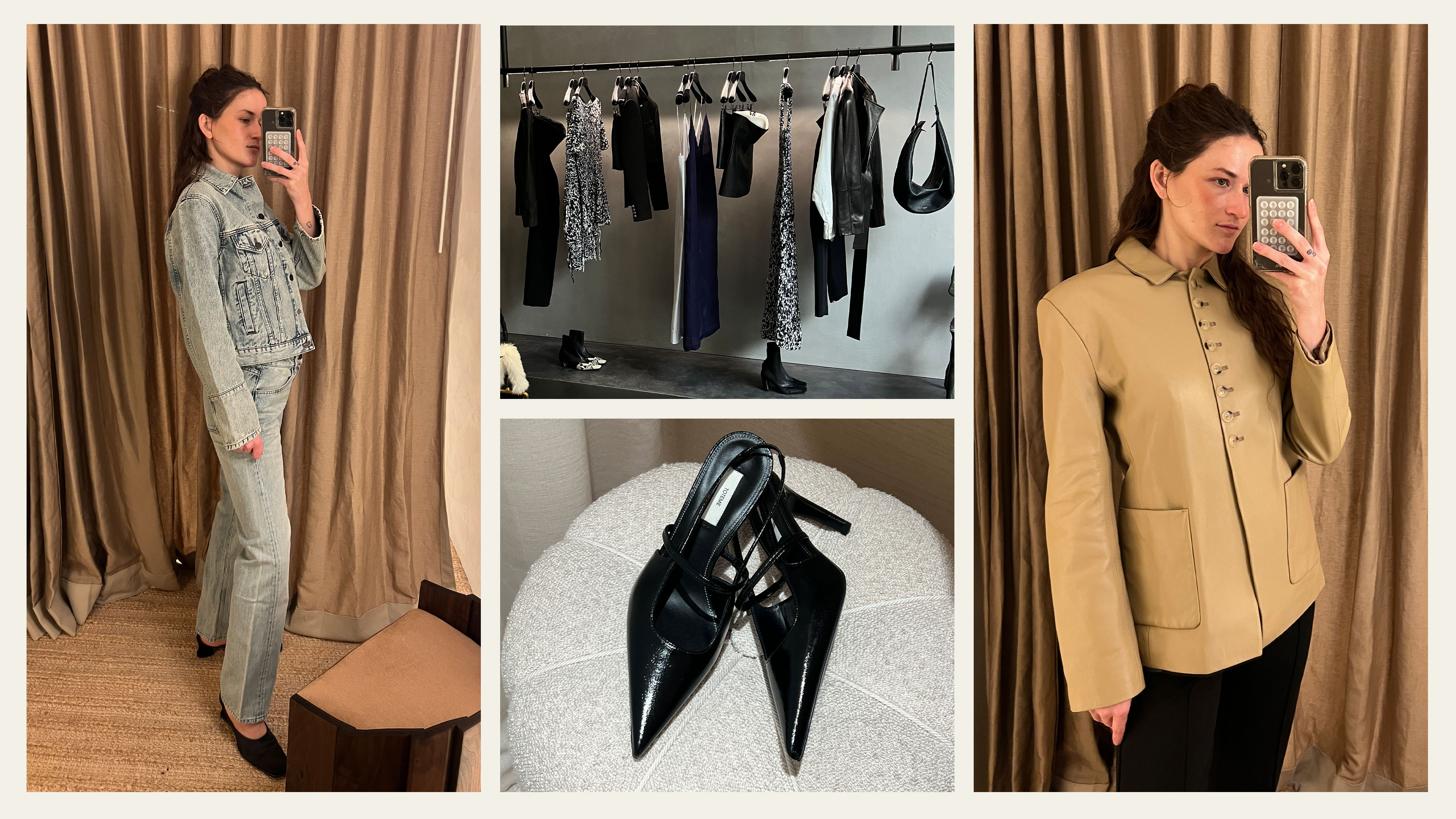 A collage of Khaite's Upper East Side store racks, Toteme's heels, and Eliza Huber in the Kallmeyer dressing room on Madison Avenue.