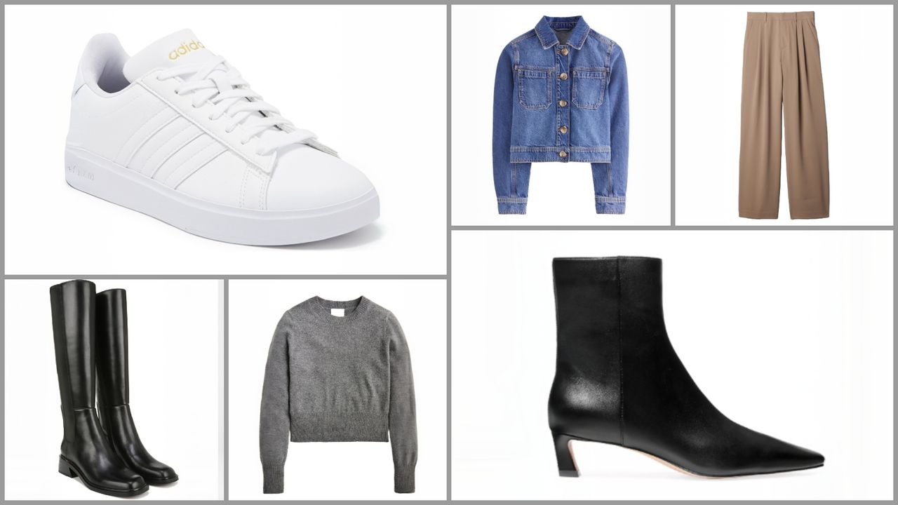 image collage of Franco Sarto Giselle Knee High Boots, Gap 365 High Rise Pleated Trousers, Adidas Grand Court 2.0 Sneakers, J.Crew Cashmere Shrunken Crewneck Sweater, Boden Denim Chore Jacket, MICHAEL Michael Kors Cosmo 40MM Leather Booties on white background with grey border 