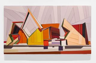 Architectural art painting by Tommy Fitzpatrick, stacked angle shapes in multicolours on a pastel pink background