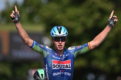 PERIGUEUX, FRANCE - JULY 11: Tim Merlier of Belgium and Team Soudal Quick-Step celebrates at finish line as stage winner during the 113th Tour de France 2026, Stage 8 a 180.4km stage from Perigueux to Bergerac / #UCIWT / on July 11, 2026 in Bergerac, France. (Photo by Tim de Waele/Getty Images)
