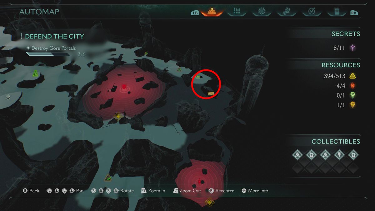 Doom: The Dark Ages Siege Part 1 secrets - A map showing where to find a gold chest near a gore portal.