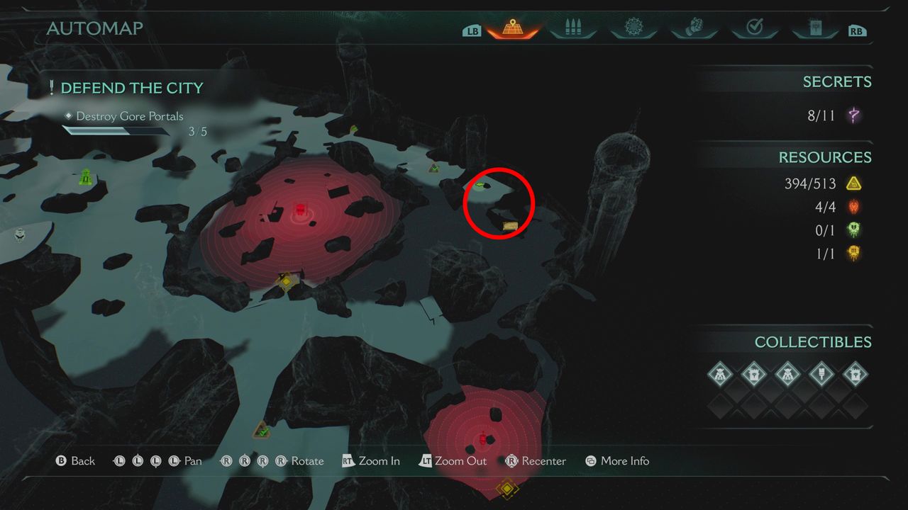 Doom: The Dark Ages Siege Part 1 secrets - A map showing where to find a gold chest near a gore portal.