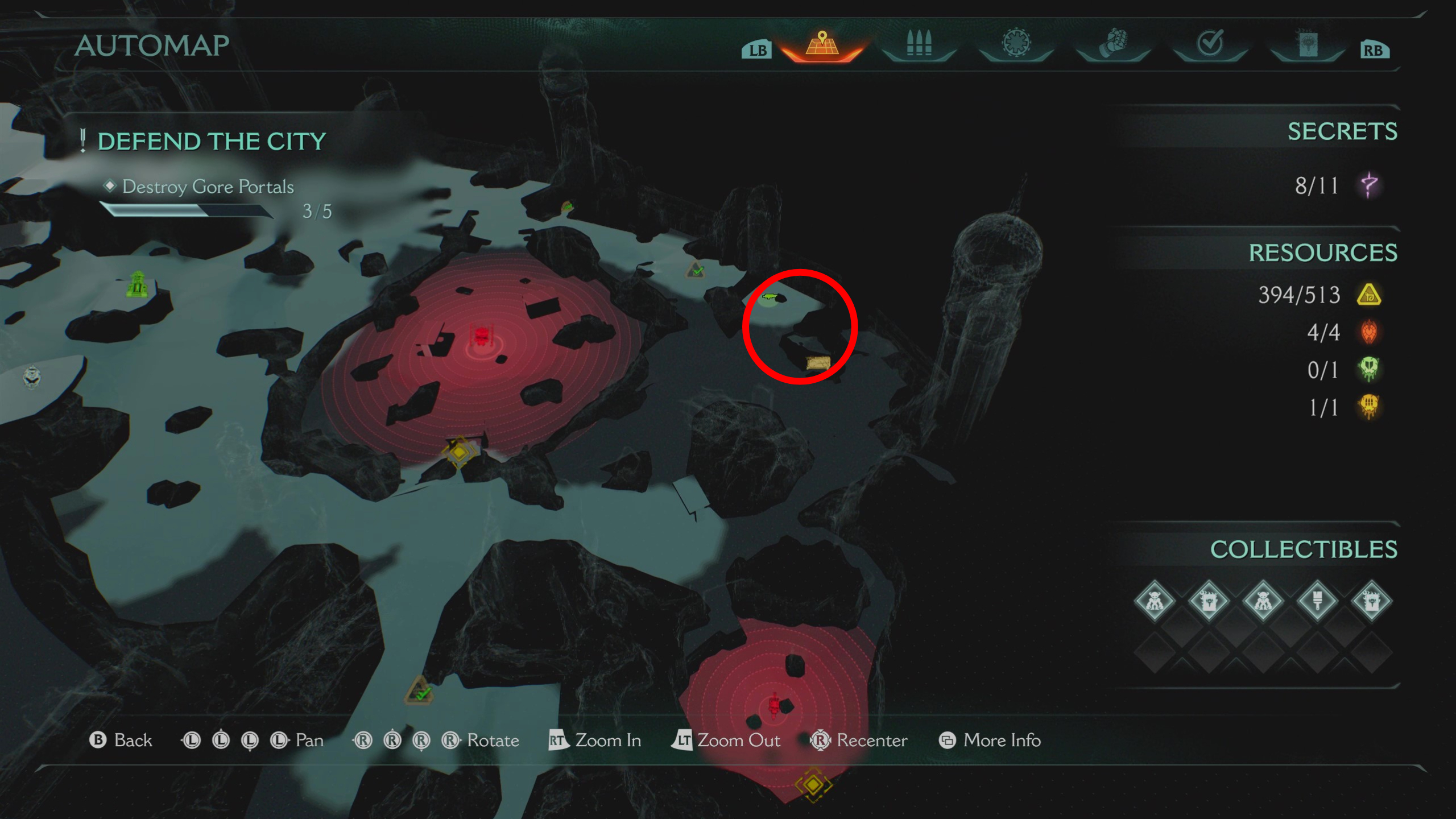 Doom: The Dark Ages Siege Part 1 secrets - A map showing where to find a gold chest near a gore portal.