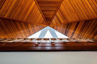 a look up into the meticulously renovated wooden ceiling